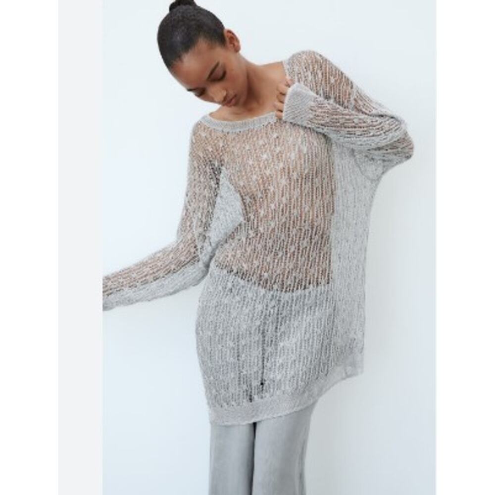 Zara Chrome Silver Open Knit Oversized Long Sleeve Top / Dress Size Small